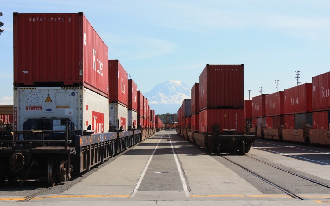 Red rail intermodal containers at Tacoma 