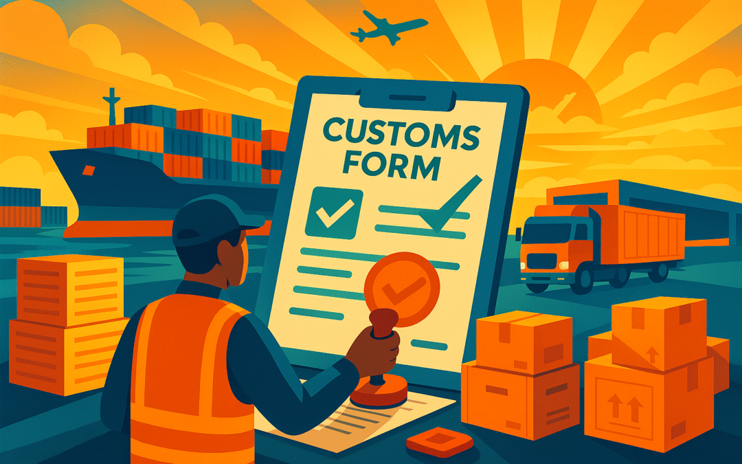 A flat-style digital illustration of a customs and logistics scene at sunset. In the foreground, a worker in an orange safety vest stamps a large clipboard labeled “Customs Form” with bold checkmarks. Around them are stacked boxes. In the background, a cargo ship loaded with colorful containers sits at a dock, an orange freight truck drives by, and an airplane flies overhead, all bathed in warm orange and yellow tones with teal accents.