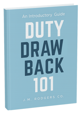A light Blue hard covered book titled "Duty Drawback 101"