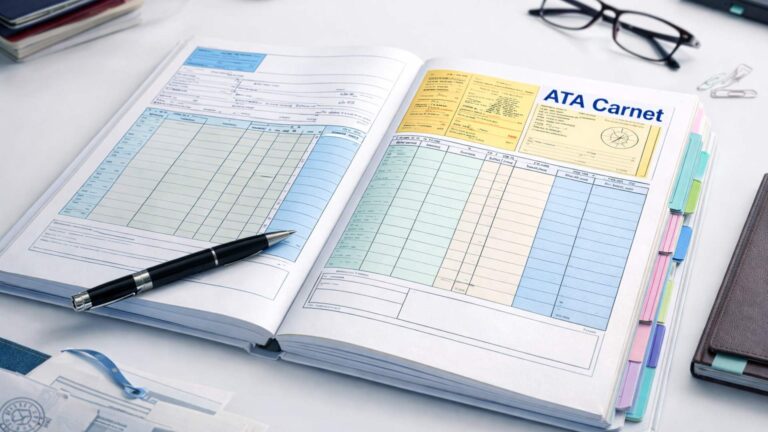 Open ATA Carnet document on a desk with a pen, showing detailed customs forms and colored tabs for international temporary import documentation.