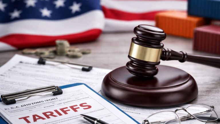 Judge’s gavel with U.S. flag and customs documents, representing tariff policy and trade enforcement changes.