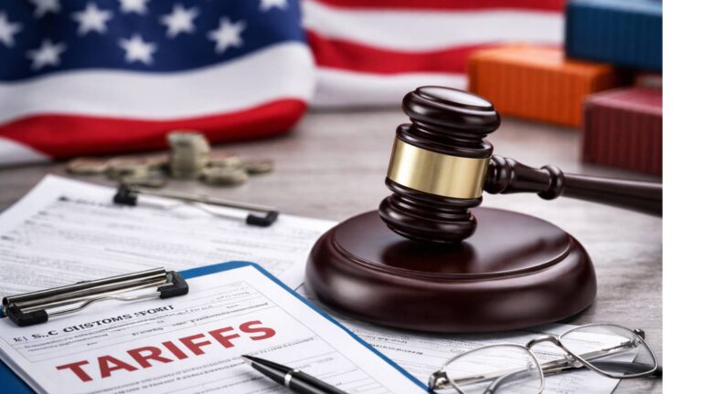 Judge’s gavel with U.S. flag and customs documents, representing tariff policy and trade enforcement changes.