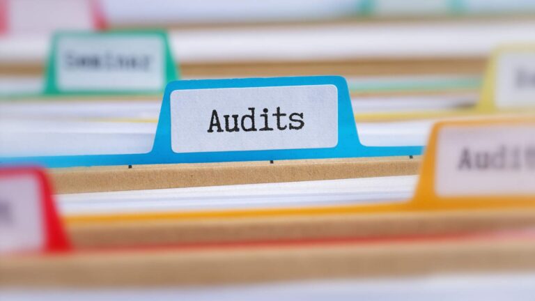 File folders labeled “Audits,” representing customs audit preparation and compliance documentation.
