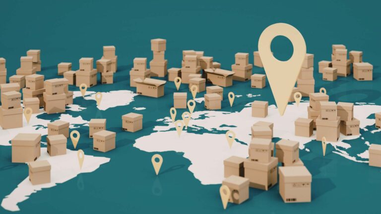 World map illustration with shipping boxes and location markers placed across multiple continents, representing global trade, imports, and supply chain networks.