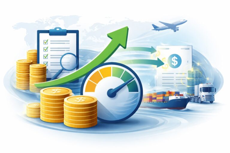 Illustration of stacked gold coins, a speedometer with a rising arrow, and financial documents set against a global shipping backdrop with a cargo ship, truck, and airplane, symbolizing fast-tracked duty drawback refunds and international payments.