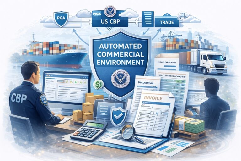 Illustration of the Automated Commercial Environment system showing a CBP-branded digital portal on computer screens with customs documents, invoices, and declarations, connected to port operations with containers and trucks, representing electronic trade filing, reporting, and cargo processing through a centralized customs platform.