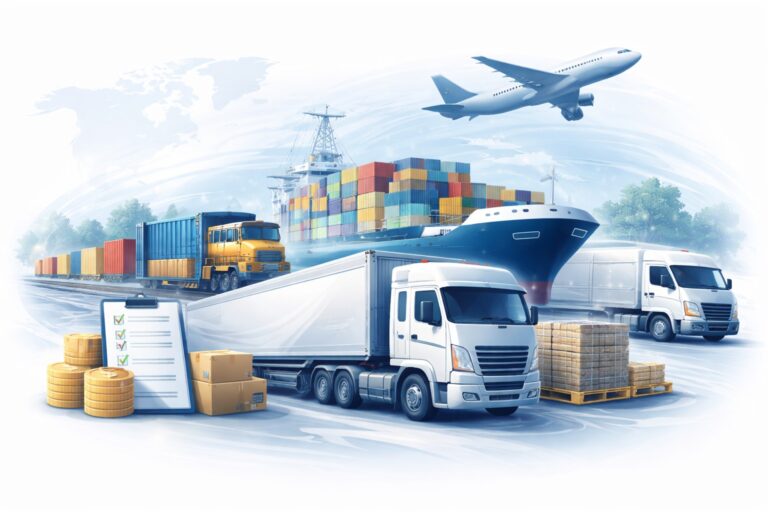 Illustration of multiple transportation modes including semi trucks, a freight train, a cargo ship, and an airplane moving containerized freight, representing regulated public transportation services available to shippers with available capacity.