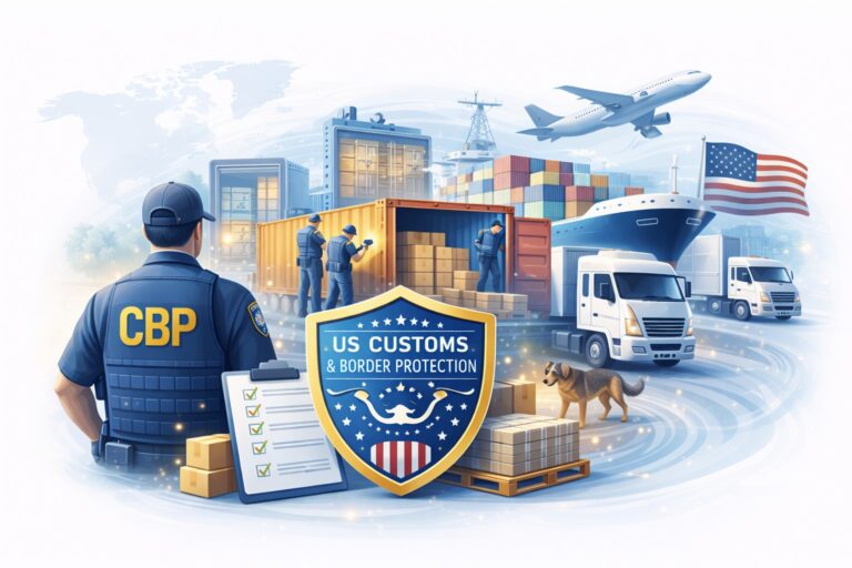 Illustration of U.S. Customs and Border Protection officers inspecting a shipping container at a port, with cargo ships, trucks, an airplane, a customs shield emblem, and a checklist, representing border security, cargo inspection, and facilitation of lawful international trade.