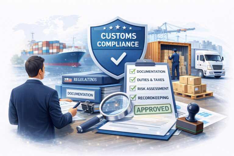 Illustration of a trade professional reviewing shipping documents with compliance checkmarks at a desk, alongside regulation binders, a magnifying glass, and an approved stamp, with a cargo ship, container inspection, and truck in the background representing regulatory adherence in international trade.
