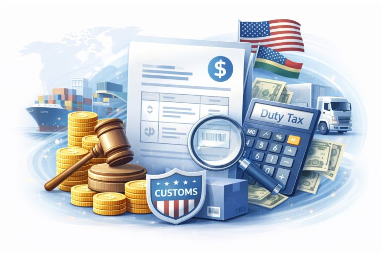 Illustration of customs and trade taxation elements including a calculator, coins, gavel, customs shield, financial documents, cargo ship, truck, and shipping container, representing import and export duties in international trade.
