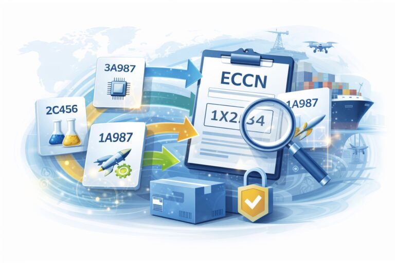Illustration of a compliance-themed scene featuring categorized product cards with technology and laboratory icons, a magnifying glass over a classification document, a security lock, and global shipping elements, representing export control classification and regulatory review.