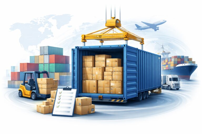 Illustration of a fully packed blue shipping container loaded with boxes, lifted by a crane at a port, with a forklift, cargo ship, stacked containers, truck, and airplane in the background, representing an entire container dedicated to one shipment.