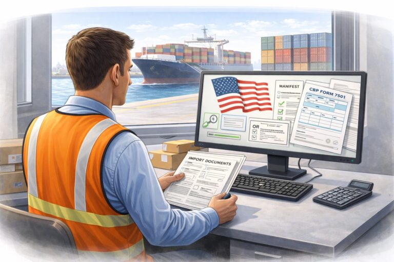 Illustration of a trade professional reviewing import documents at a desk with a computer displaying customs forms, while a cargo ship and stacked containers are visible through a window in the background, representing responsibility for import compliance, documentation, and duty payments.