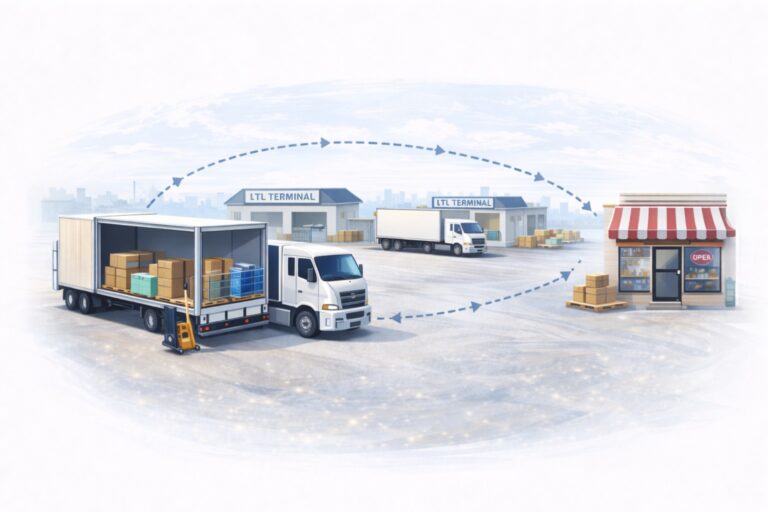 Illustration of a partially loaded box truck transporting palletized freight through multiple distribution terminals before delivery to a small retail storefront, representing consolidated shipments that share trailer space and move through a multi-stop trucking network.