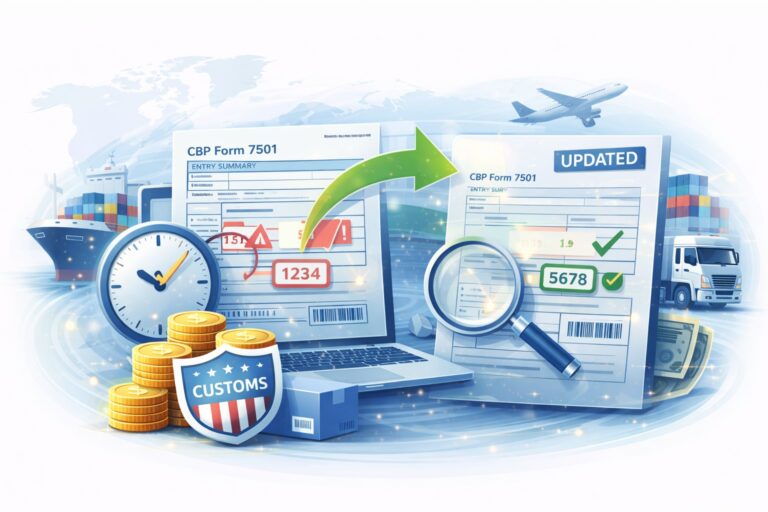 Illustration of a laptop displaying a CBP entry summary form with highlighted errors transitioning to a corrected version marked approved, alongside a clock, magnifying glass, customs shield, cargo ship, airplane, and truck, representing proactive correction of import entry data before liquidation.