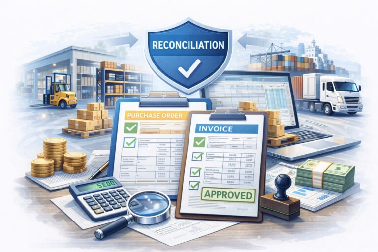 Illustration of purchase order and invoice documents with matching checkmarks on clipboards, alongside a calculator, magnifying glass, stacked pallets, warehouse shelving, and a delivery truck, representing the comparison of shipping, inventory, and financial records to identify and correct discrepancies.