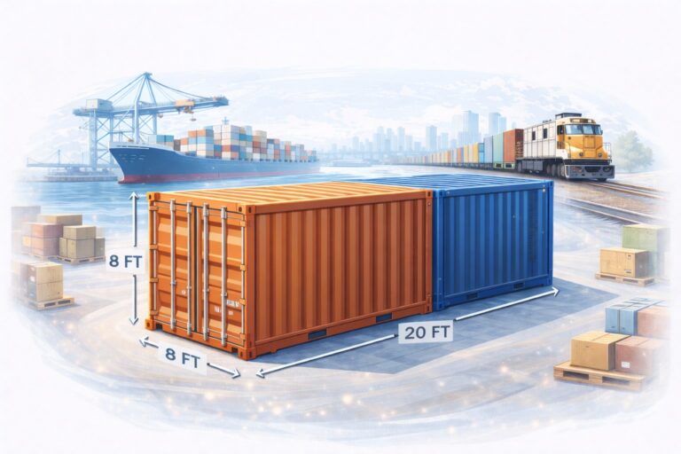 Illustration of a standard 20-foot shipping container shown with dimension indicators for length, height, and width, positioned at a port with stacked containers, a cargo ship, and an intermodal train in the background, representing the standardized unit used to measure container capacity in global trade.