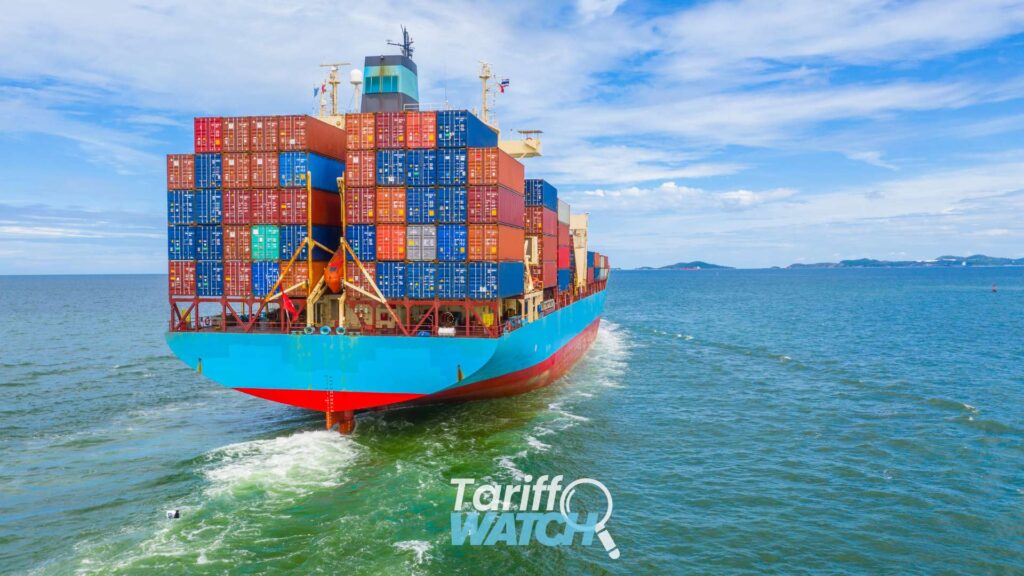 Container ship at a commercial port representing digital services tax tariff threats, Germany Section 301 investigation, CAPE Phase 2, customs compliance, international trade, and global supply chain developments featured in Tariff Watch.