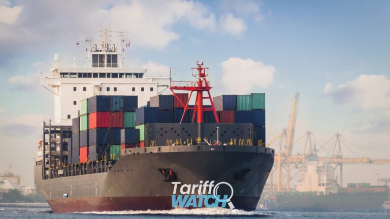 Container ship carrying cargo containers at a commercial port with Tariff Watch branding, representing Mexico customs compliance requirements, EAPA enforcement actions, tariff-related lawsuits, international trade, and global supply chain operations.