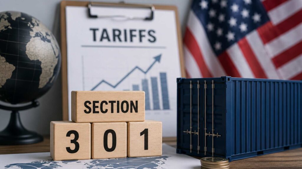 Section 301 tariff concept featuring a shipping container, world map, U.S. flag, and trade documents representing international imports and U.S. trade policy.
