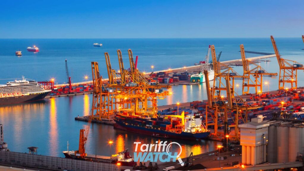 Container ship at a commercial cargo port representing the USMCA review, Section 301 hearings, Section 122 tariff expiration, customs compliance, international trade, and global supply chain developments featured in Tariff Watch.