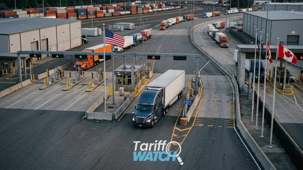 U.S.-Canada border crossing with commercial trucks and cargo, representing Canadian retaliatory tariffs, Section 338 duty drawback, and U.S.-Canada trade developments featured in Tariff Watch.