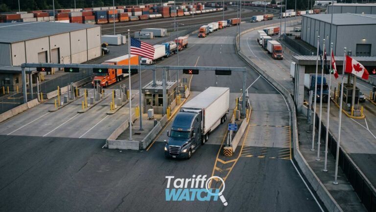 U.S.-Canada border crossing with commercial trucks and cargo, representing Canadian retaliatory tariffs, Section 338 duty drawback, and U.S.-Canada trade developments featured in Tariff Watch.
