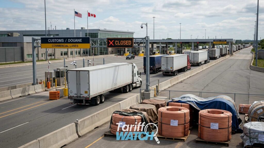 U.S.-Canada commercial freight representing Section 338 import bans and 50% tariffs on Canadian goods, CBP copper reporting requirements, and customs compliance updates featured in Tariff Watch.