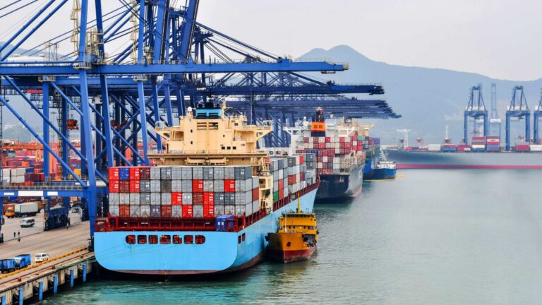 Cargo ship and shipping containers at a U.S. port representing international trade and Section 301 tariffs.