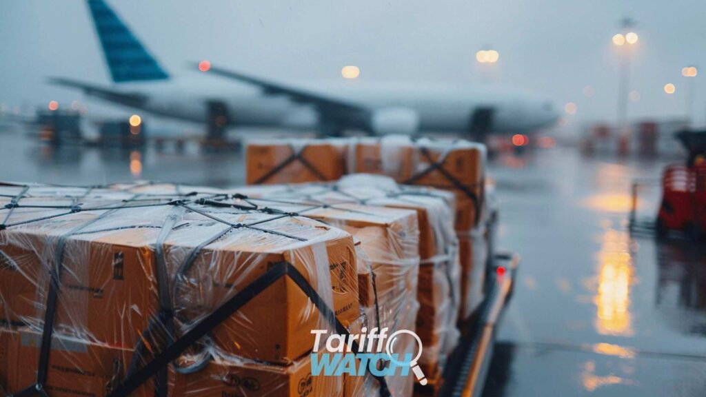 Air cargo packages on an airport tarmac representing CAPE Phase 3, FY27 tariff-rate quotas, Canadian import restrictions, and U.S. trade updates featured in Tariff Watch.